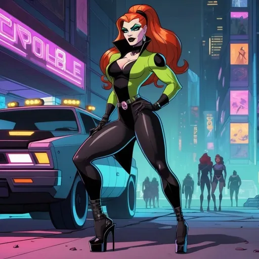 Prompt: Gorgeous muscular cyberpunk drag queen Kim Possible, great legs, crystal high heels,  dark lipstick.