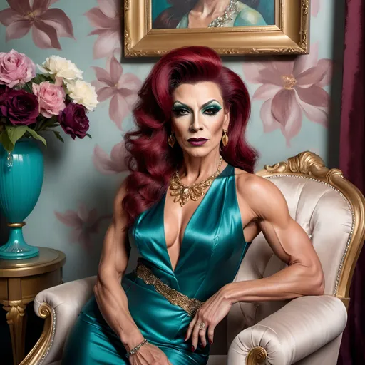 Prompt: oil painting of beautiful muscular 45-year-old Bulgarian drag queen (dark eyeshadow and dark red lipstick) wearing an (elegant sleeveless Teal blouse, gold necklaces, diamond ring), and (off-white fancy skirt, fancy dark red hairstyle), sitting on armchair near a perfectly designed room with aesthetic wall and plum curtain, vase with flowers near the woman (close up shot) , good composition 