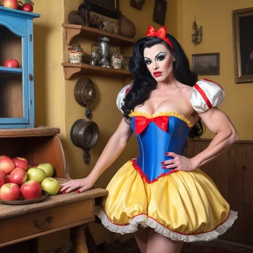 Prompt: Gorgeous muscular 25-year-old Hungarian drag queen bodybuilder with huge busom and short black hair dressed as Snow White with a yellow frilly dress, a blue & red corset, a red ribbon in her hair, and 8 inch stiletto high heel shoes.  Holding an apple in a quaint cottage.