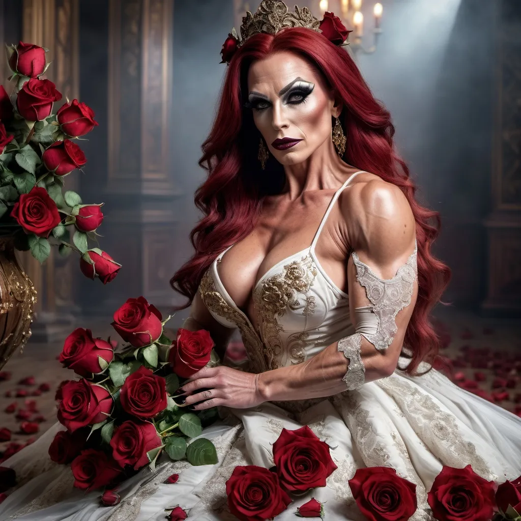 Prompt: A HD 4k 3D 8k professional full-body modeling photo of a gorgeous muscular 35-year-old Hungarian drag queen bodybuilder (long dark red hair, dark lipstick, dark eye makeup,  and big busom) dressed in a medieval wedding dress and a long bouquet of roses in hands falling down to her feet, magical realism, very very beautiful, very detailed oil painting


