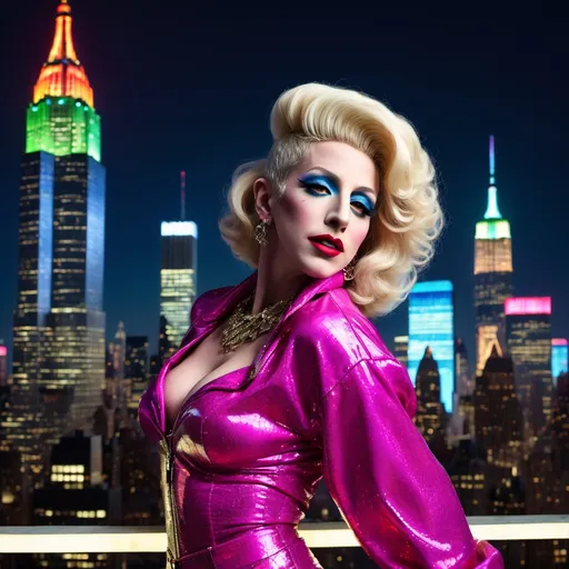 Prompt: Adam Sandler dressed as a 25-year-old gorgeous drag queen Madonna posing on the ledge of a building, high above NYC.