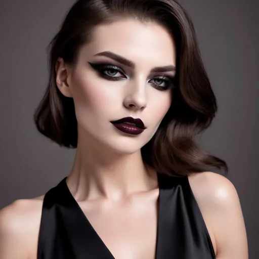 Prompt: Clean shaven masculine man's face ((made up with dark eyeshadow, heavy mascara, dark lipstick)) on a gorgeous feminine body, wearing a classy black dress and 8 inch stiletto high heel shoes. 