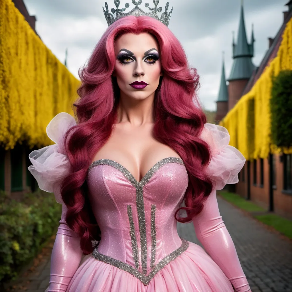 Prompt: Gorgeous ultra-muscular 25-year-old Swedish drag queen bodybuilder with long styled dark pink hair dressed as Glinda the Good witch of the north with a beautiful gown on, dark smokey eyeshadow, 
Heavy mascara,  dark red lipstick posing at the yellow brick road with Oz in the background.