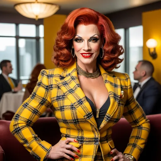 Prompt: Sophisticated art deco lounge, elegant gorgeous muscular 35-year-old French drag queen bodybuilder with large busom, muscular figure, curly red hair,  yellow plaid tweed jacket, yellow blouse, yellow pencil skirt, black 6 inch stiletto high heel boots, crowded scene, subtle smile, high-res photo, plump buxom physique, art deco, elegant, detailed facial features, realistic, sophisticated, busy setting, vibrant colors, professional photography