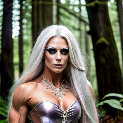 Prompt: Gorgeous ultra-muscular 25-year-old Czechian drag queen bodybuilder with very long straight shiny silver hair , mysterious, witchy, dressed in whimsical dress, in forest doing a magic spell, place an intricate head ornament on her