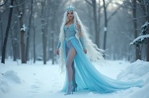 Prompt: Gorgeous ultra-muscular 25-year-old Norse Ice Goddess with big busom and ridiculously long icy white hair, wearing a gorgeous transparent icy blue frozen dress and icy 8 inch stiletto high heel shoes, standing in a frozen forest. 