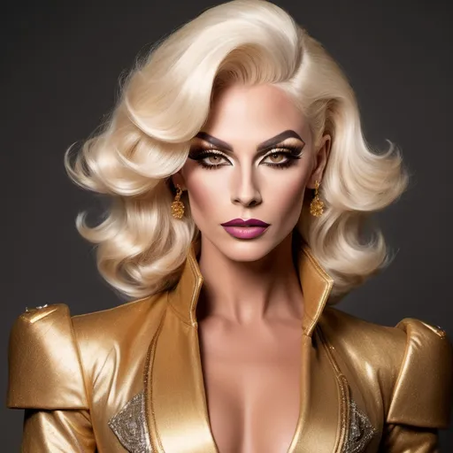 Prompt: "A gorgeous muscular British drag queen in her late twenties with striking platinum blonde hair and light brown eyes that shimmer with a golden hue. She has a sharp, regal face and an air of authority. Known as the 'Golden Dutchess,' she is tall and muscular, exuding confidence and refinement. Dressed in a tailored noble coat with intricate detailing, she stands in a grand hall, her demeanor poised yet guarded, hinting at a troubled past beneath her polished exterior."