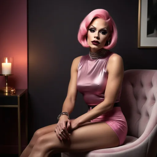 Prompt: photorealistic, (introspective) gorgeous Swedish drag queen with pink longbob seated in (thinker pose), dark eyeshadow abd dark red lipstick, muscular physique, soft natural lighting, warm tones, delicate shadows enhancing features, comfortable room ambiance, modern interior with minimalistic decor, inviting atmosphere, high resolution, ultra-detailed image, emphasizing deep thought and contemplation.