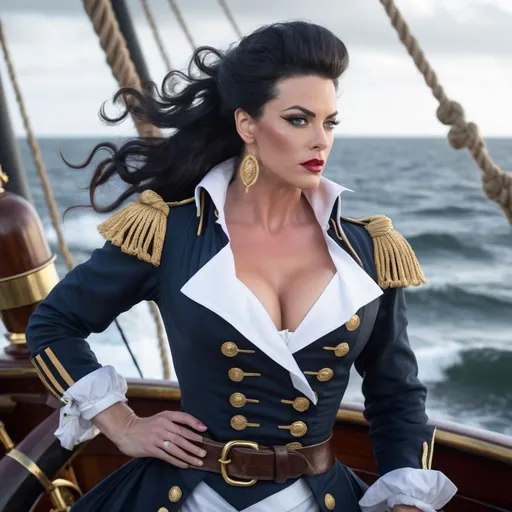 Prompt:  Gorgeous muscular 35-year-old French drag queen Pirate (strong masculine jawline and brow facial features) with long curly black hair and big busom, detailed clothing, realistic, natural lighting, shiny black hair in a ponytail, pale blue eyes, Revolutionary Era Naval Uniform, standing on the deck of a galleon, moonlight mid-battle, dramatic lighting, dynamic and intense atmosphere, moon casting silver tones, ocean waves crashing, cannons firing, ultra-detailed, cinematic masterpiece.