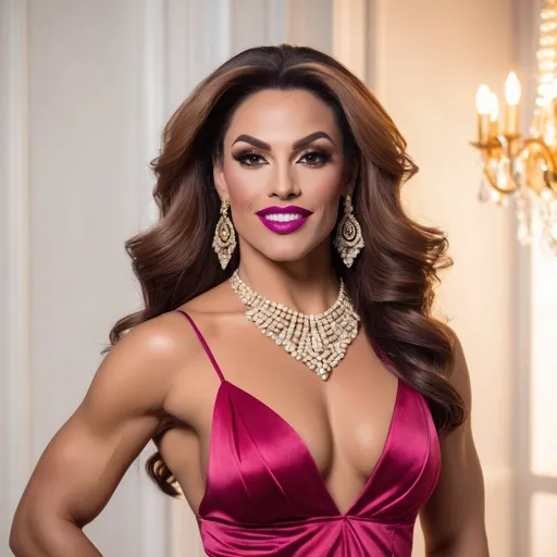 Prompt: Front view, half-body shot, portraiture of a beautiful stylish 35-year-old French drag queen bodybuilder (((with strong masculine jawline and brow))), with big busom and very long curly dark crimson hair smiling sweetly, bright hazel colored eyes, professional dark eye make up and lipstick, dressed in laced peach satin evening dress, perfect muscular body, relax pose, jovial mode, luxurious gold accessories, warm romantic ambience, glittering romantic pendant chandeliers, bokeh effects, lens flare, intricate details, HDR, beautifully shot, hyperrealistic, sharp focus, 64 megapixels, perfect composition, high contrast, cinematic, atmospheric, moody, ISO400, shots made by professional Hassleblad professional lens, no errors at all