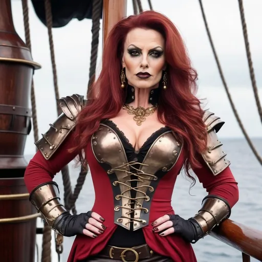 Prompt: Gorgeous ultra-muscular 35-year-old British drag queen bodybuilder with big busom dark tone, dark eyeshadow, dark lipstick, bronze medieval armor, ridiculously long wavy dark red hair, heroic, dark clothing color scheme, red clothes, a black collar on her neck, a tight white long sleeve shirt, bronze armored corset, dark red lipstick, red leather gloves, bronze metal armor, bronze metal armor on her arms, metal armored shoulder pads on her shoulders, tight bronze armored leather pants, bronze stiletto heel armored metal boots, standing on a pirate ship, fantasy pirate theme, full body