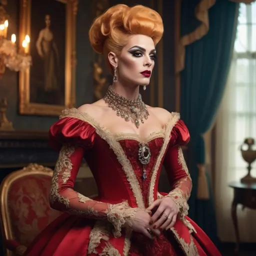 Prompt: (elegant 1600s gorgeous muscular British drag queen (masculine jawline and brow features)), historically accurate gown, adorned with intricate lace, lavish sparkling jewelry, (soft warm lighting), standing in a beautifully designed parlor, rich color tones, opulent decor, (highly detailed textures), saturated hues, atmospheric elegance, inviting ambiance, (4K ultra-detailed), artistry that captures the essence of wealth and sophistication.