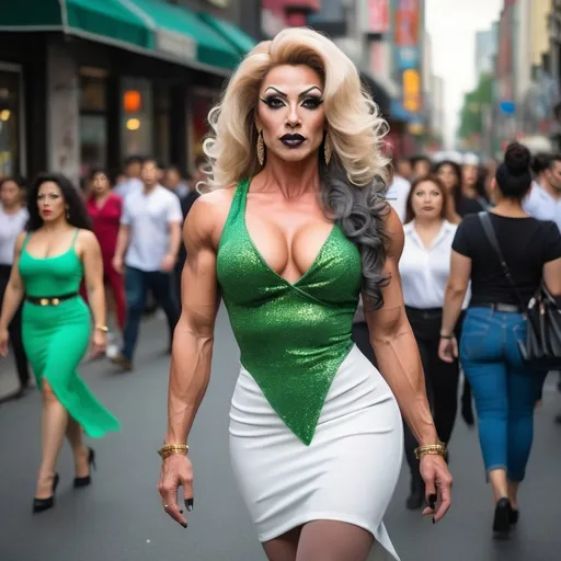 Prompt: Gorgeous muscular 35-year-old Eurasian drag queen bodybuilder, walking in busy Shibuyan Crossing, vibrant green eyes, long curly dark blonde hair, dark eye makeup, dark lipstick, white blouse, dark gray knee-length pencil skirt, black stiletto high heel boots, fluid dynamic movement, high-res, pro photo, urban, vibrant colors, detailed facial features, elegant, professional lighting