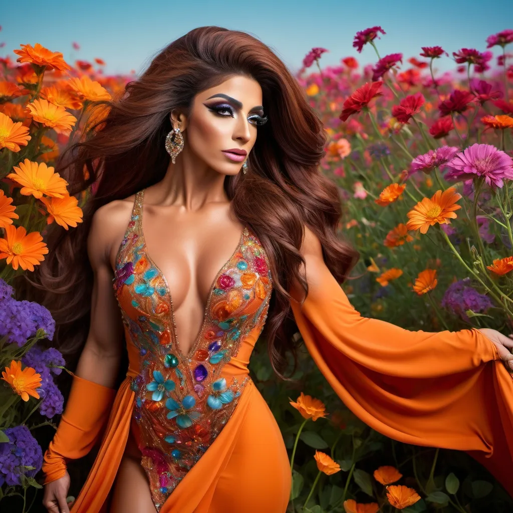 Prompt: 19.Imagine a gorgeous muscular 25-year-old Arabic drag queen bodybuilder with long dark orange, dressed in a flowing, jewel-toned dress, standing amidst a sea of colorful wildflowers. Use studio lighting to capture the full range of colors in her eyes and hair, and create a sense of balance and harmony in the composition.