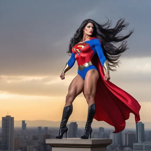 Prompt: Gorgeous muscular 35-year-old Romanian drag bodybuilder with long flowing wavy black hair (((blowing in the wind))), large busom, dressed as Supergirl (((DC Comics Character))), 8 inch stiletto high heel boots, standing on a gargoyle looking down on Metropolis at dusk. Cape blowing in the wind.