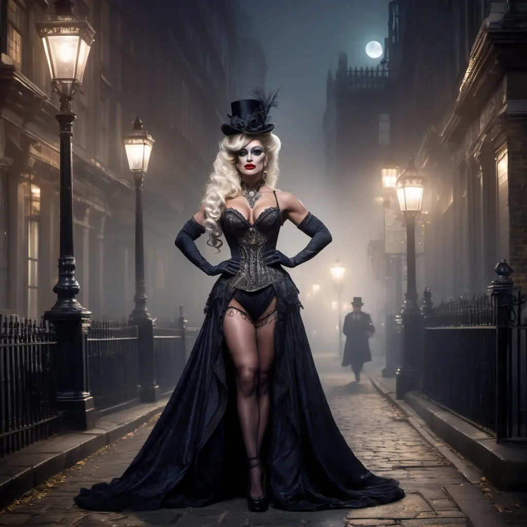 Prompt: (Gorgeous Victorian drag queen bodybuilder), walking gracefully through dimly lit streets of London at midnight, moonlight casting shadows, fog swirling, ornate street lamps glowing softly, detailed period attire with lavish fabric and intricate patterns, historical architecture in the background, mysterious yet enchanting atmosphere, dramatic contrast of light and dark, exquisite details of the scene, (ultra-detailed), (HD).