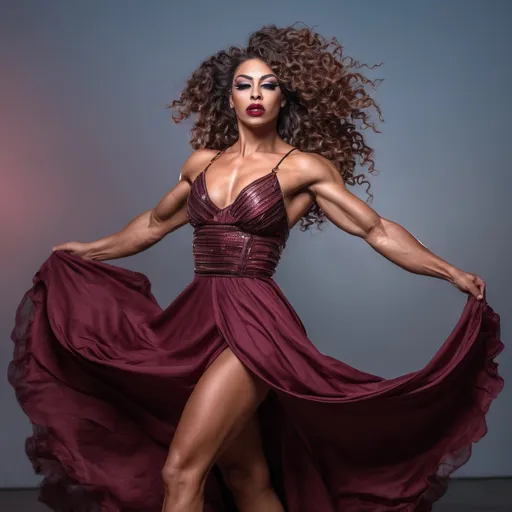 Prompt: A gorgeous muscular 25-year-old Portuguese drag queen bodybuilder (very strong masculine jawline and brow features) dancer in motion, with she wearing courful long frock, dark eyeshadow, burgundy lipstick and she has curly hair, she warship to sun , sun rise captured with long exposure photography Nikon D850 DSLR camera f/4. ISO 200