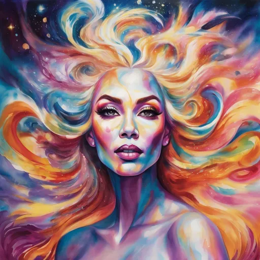 Prompt: Inspired by the quote 'The biggest adventure you can ever take is to live the life of your dreams,' create a surreal portrait of resilience. Depict a being of light, composed of swirling, luminous energy, rising from a chaotic yet beautiful cosmic landscape. This drag queen, a symbol of hope and strength, reaches towards a radiant source of light, their form echoing the intricate patterns and fractals of the universe. The artwork should evoke a sense of both intimacy and vastness, with a color palette of warm, glowing hues like gold, peach, and soft blues. Emphasize detailed textures and patterns, such as swirling clouds, intricate filigree, and cosmic dust. The lighting should create a soft, ethereal glow emanating from the being of light, conveying a sense of hope and renewal.
