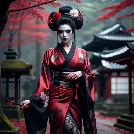 Prompt: (Gorgeous, muscular, goth,  geisha, drag queen bodybuilder), intricate dark makeup, traditional kimono with dark floral patterns, incredible detailing on clothes, perfect make-up, sharp fangs over blood red lips.  contrasting with lace elements, haunting ambiance, shadows reflecting cold moonlight, mysterious surgical precision in fabric details, mystical aura exuding sensuality, lush dark red and black tones, (ultra-detailed), (4K), dark, terrifying yet enchanting and chilling atmosphere in a Japanese grave yard, courtly surroundings filled with ethereal allure.