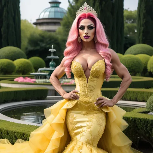 Prompt: Gorgeous ultra-muscular 25-year-old Turkish drag queen (with strong masculine jawline and brow features) bodybuilder with big busom and pink hair in a yellow mermaid wedding dress that has black lace appliques on the widest parts of the dress, but not on the top. Posing in a beautiful botanical garden.