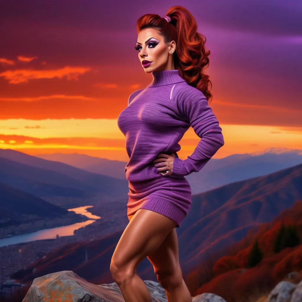 Prompt: Full body image of a beautiful, Tall, athletic Italuan drag queen bodybuilder with highlighted wavy dark red hair. Hair in a tighy ponytail.  Wearing a tight sweater and a short skirt.  Hiking on a mountain at sunset.