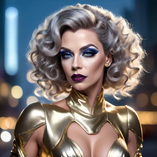 Prompt: (realistic image of futuristic French drag queen age-45), (muscular, pretty, curvy, muscular), light skin, (curly silver updo hair), blue eyes, (dressed in a gold dress), dark eye makeup, dark lipstick, posed flirty, futuristic city background, misty morning, (rich textures), (soft lighting), (ultra-detailed), 4k quality, opulent decor.