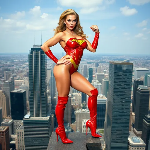 Prompt: Gorgeous ultra-muscular 25-year-old Greek drag queen bodybuilder dressed as supergirl with 8 inch stiletto high heel boots. Posing on the ledge of a skyscraper.