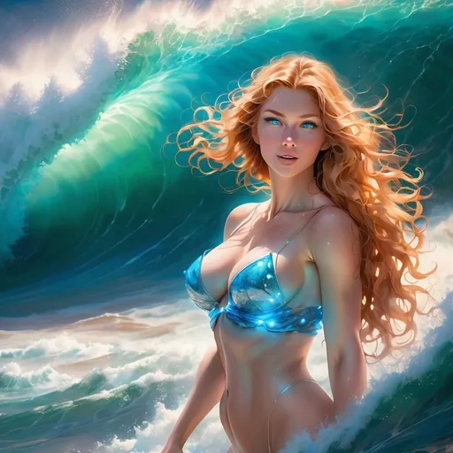 Prompt: Depicting a mesmerizing scene, a gorgeous ultra-muscular 25-year-old Czechian goddess with vibrant blue lights emitting from her back exudes a powerful aura of energy. Huge busom. Ridiculously long strawberry-blonde wavy hair. She stands before an immense wave, gracefully embodying its force. This captivating image, reminiscent of a digitally manipulated photograph, showcases the woman's intense presence, with the radiant blue lights illuminating her surroundings. The impeccable resolution and expert composition highlight the meticulous attention to detail, further enhancing the viewer's engagement with this enchanting depiction.