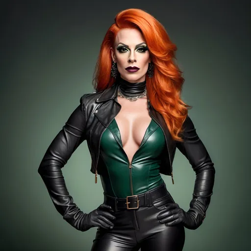 Prompt: Full-length realistic illustration of a confident, gorgeous, muscular 35-year-old French drag queen with stylish orange hair, wearing tight black leather leggings without pockets  Victorian-style green silk blouse, stiletto boots, leather gloves, leather jacket, detailed fabric texture, strong stance, dark eyeshadow,  dark lipstick, realistic, detailed, full body, confident expression, urban fashion, high quality, detailed, realistic, contemporary art, professional, atmospheric lighting, old dark castle.