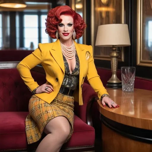 Prompt: Sophisticated art deco lounge, elegant gorgeous muscular 35-year-old French drag queen bodybuilder with large busom, muscular figure, curly red hair,  yellow plaid tweed jacket, yellow blouse, yellow pencil skirt, black 6 inch stiletto high heel boots, crowded scene, subtle smile, high-res photo, plump buxom physique, art deco, elegant, detailed facial features, realistic, sophisticated, busy setting, vibrant colors, professional photography