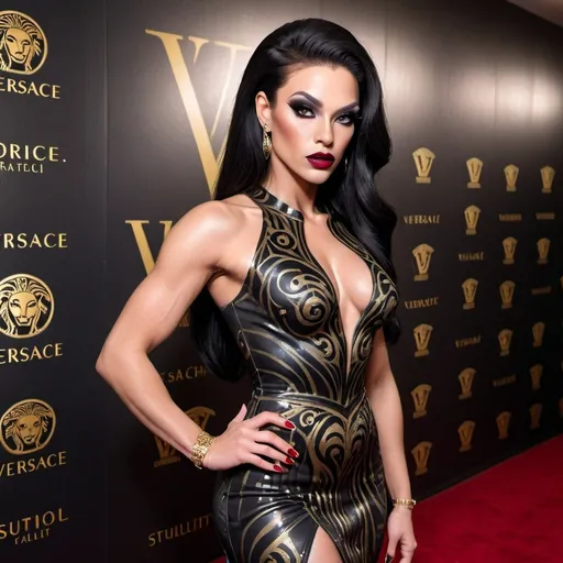 Prompt: Gorgeous elegant muscular 25-year-old drag queen with long straight shiny black hair, wearing a beautiful Versace designed dress and 8 inch stiletto high heel shoes,  dark smokey eye shadow, Dark red lipstick.  Walking the red carpet.