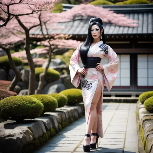 Prompt: Gorgeous 25-year-old Japanese drag queen bodybuilder with big busom and ridiculously long straight shiny black hair, wearing traditional Japanese style dress and 8 inch stiletto high heel shoes posing in a beautiful Japanese stone garden. Composition focus on traditional Japanese style dress.