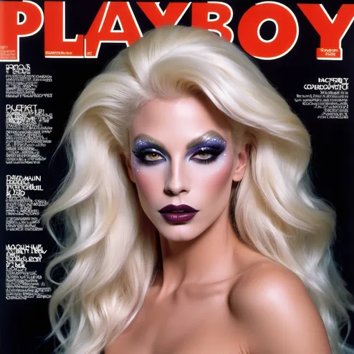 Prompt: (90s "Playboy" Magazine Cover), ethereal and whimsical, (vibrant color scheme), high-fashion editorial style, gorgeous muscular 35-year-old French drag queen model (masculine facial features) with long sassy platinum blonde hair, striking Hazel eyes, dark smoky eyeshadow, enchanting expression, pretty lips, dark lipstick, luxurious glittery details, full-length aesthetic, ultra-detailed, sparkly, glossy finish, captivating photography with dramatic lighting, alluring atmosphere, cosmopolitan elegance, celebrity fashion icon, stylish and classy presentation. Composition focus on full-body. 