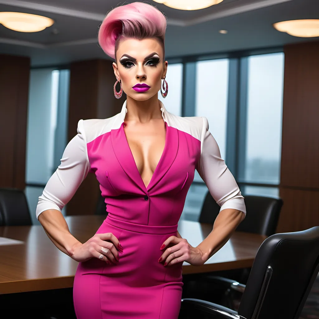 Prompt: 64k Hi-res digital hd detailed photograph of a Gorgeous, muscular, 25-year-old Ukrainian drag queen bodybuilder ((strong, masculine jawline and brow features)), dark pink updo hairstyle, wearing sophisticated multicolored business dress and white blouse, 8 inch stiletto high heel shoes, standing in a meeting room.