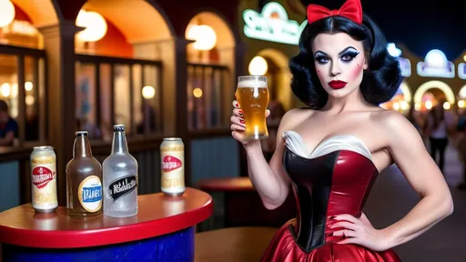 Prompt: Gorgeous ultra-muscular 25-year-old Swedish drag queen Snow White with 8 inch stiletto high heel shoes, dark mascara, eyeshadow and dark red lipstick, standing in Disney World holding a beer and flirting with guests at night