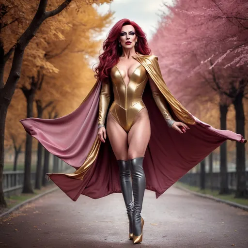 Prompt: (magic-filled encounter), gorgeous ultra-muscular French Drag queen wizard in her mid-30s, (dark red hair tied in a long ponytail), (mysterious golden cloak), striking (pink-grey eyes), stylish (tight pants), (leotard), alluring (stiletto heeled boots), atmospheric magical background, (enchanting ambiance), (4K ultra-detailed), visually captivating colors, dramatic lighting, embodying power and grace.