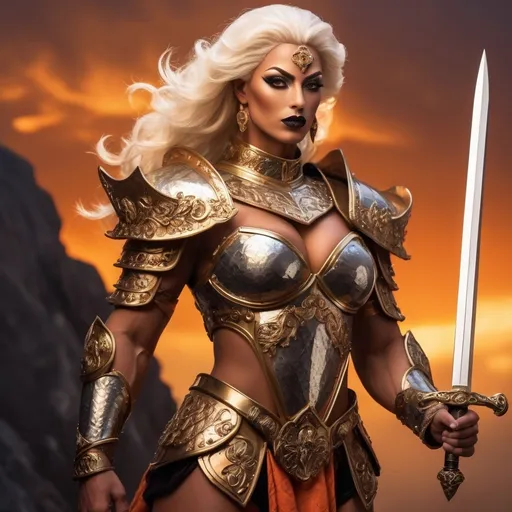 Prompt: Standing majestically against a fiery, golden backdrop, the armored Gorgeous, very muscular, suntanned, 31-year-old, suntanned, Turkish drag queen (with strong masculine facial features, dark lipstick, huge busom, platinum blonde hair) exudes a powerful, imposing presence. Clad in intricately detailed, ornate armor that glimmers under the warm light, the warrior grips a brilliantly designed sword, its edge sparkling with ethereal energy. The background is filled with wispy clouds and the faint hint of a distant landscape, suggesting an epic confrontation or a moment of calm before battle. With one foot planted firmly on rocky terrain, the warrior's proud posture reflects both valor and readiness, embodying the essence of strength and honor in a mythical realm. The rich color palette of oranges and golds enhances the dramatic mood, inviting viewers into a world of fantasy and adventure.