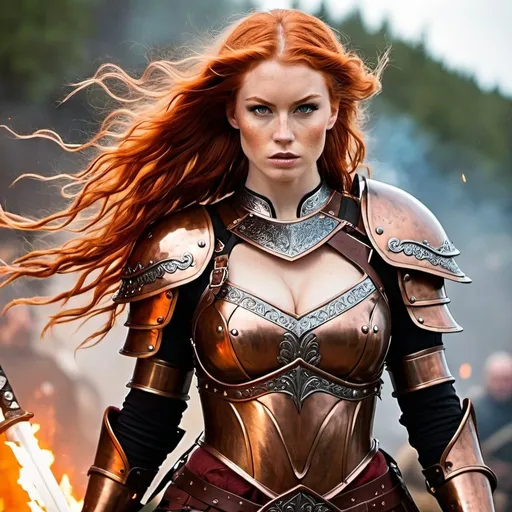 Prompt: Gorgeous ultra-muscular 25-year-old Finnish goddess with huge busom and ridiculously long wavy fiery red hair, dressed as a warrior princess in complete bronze armor and a gleeming steel longsword in the midst of a bloody and fiery battle.