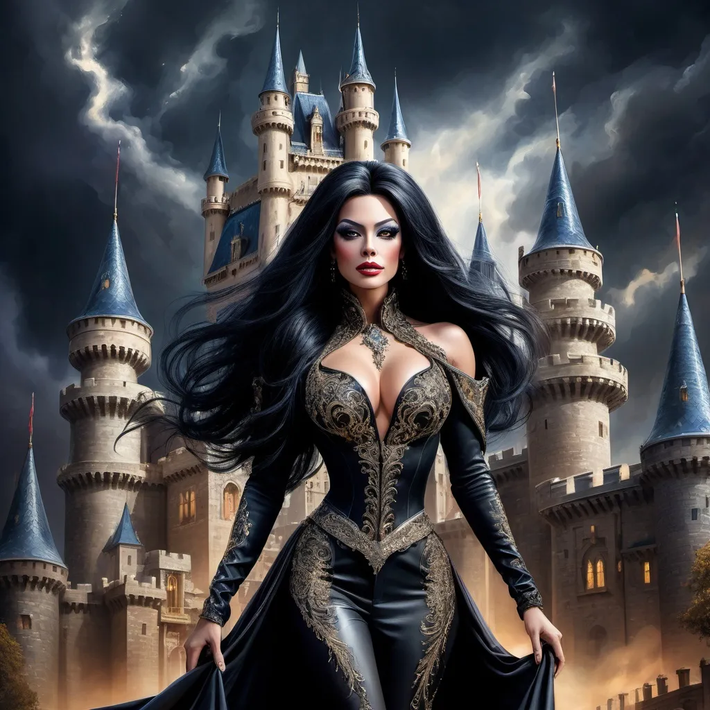 Prompt: A gorgeous muscular drag queen stands before her castle, her castle in the background, her back towards the viewer, she is mounted on her horse, long flowing black hair cascading elegantly down her back, royal attire shimmering with intricate details, high-reaching towers, under a dramatic dark sky, rich colors, ultra-detailed, high definition, emphasizing royal elegance and strength.