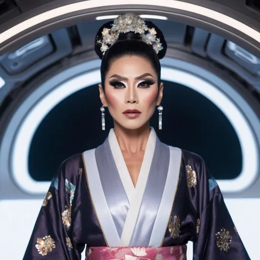 Prompt: A gorgeous muscular Japanese drag queen (very strong masculine jawline and brow features) wears a kimono while standing in a space ship, background is shows the vastness of space.