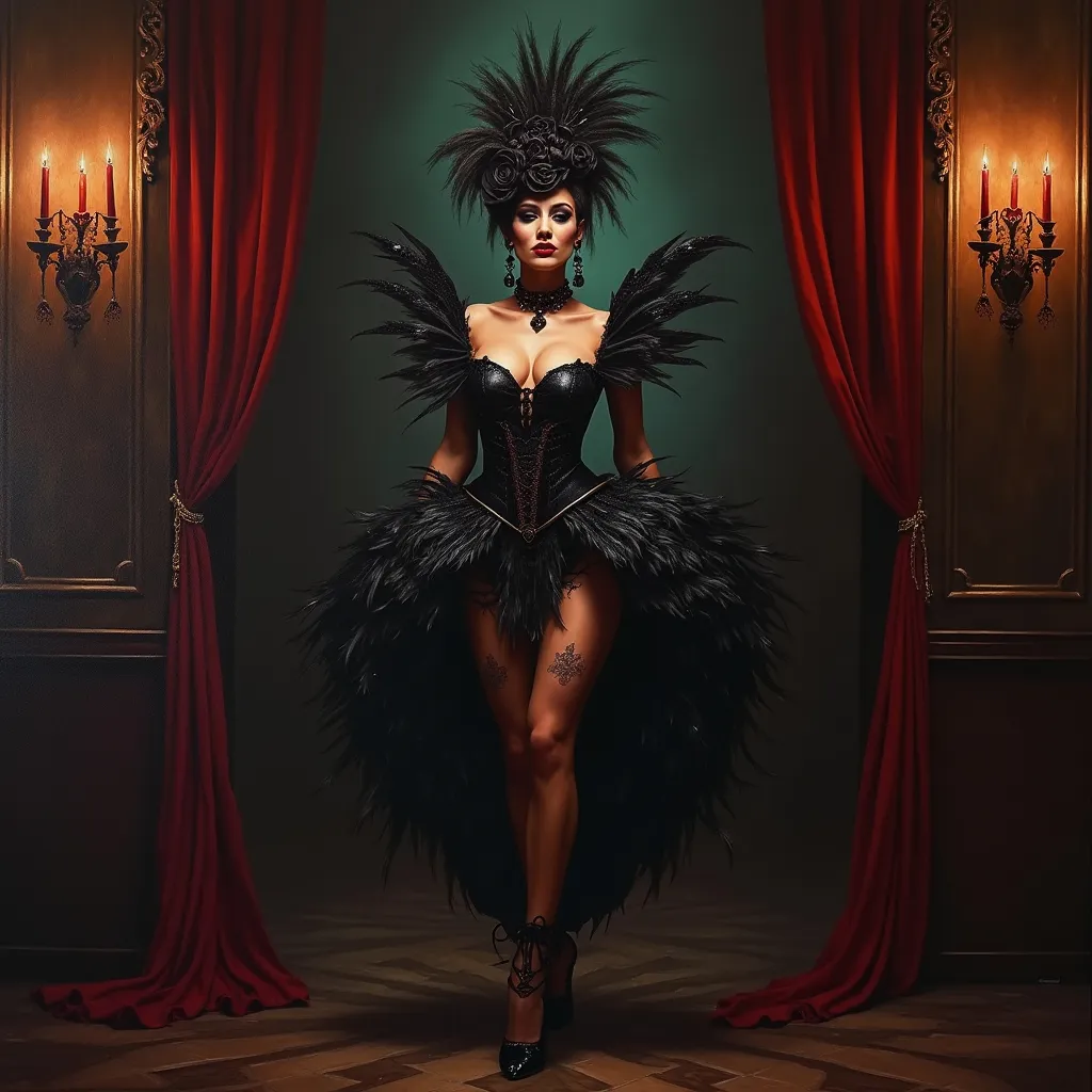 Prompt: High-quality oil painting of a muscular drag queen  wearing a striking costume , heading toward an gothic themed party, dark velvet curtain around, hauntingly beautiful dim candlelight, intricate details in the costume like feathers and ruffles, a mysterious ambiance all around, ultra-detailed, rich colors with deep contrasts, showcasing her confident stride against a backdrop of ornate gothic architecture.