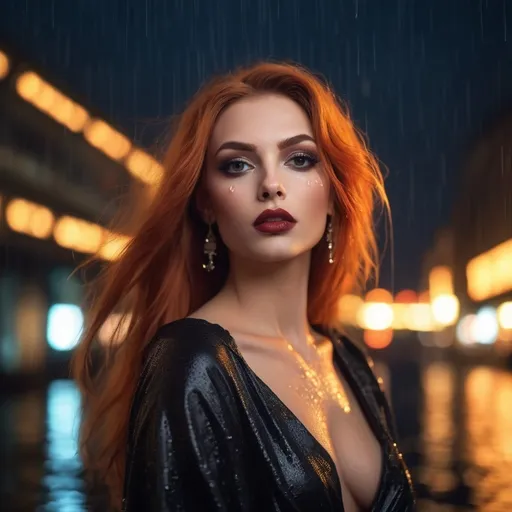 Prompt: epic masterpiece, at (night:1.8) with (hyper detailed:1.5), gorgeous, 25-year-old, Polish drag queen supermodel, looking at camera, dark orange hair, dark eyeshadow and dark red lipstick, Insanely detailed, backlit, bokeh, face turned upwards to the sky, blushing lightly with mouth open, she has an orange diaphanous flowing transparent long shawl draped about her shoulders and upper arms, midnight, a calm lake in ((pouring rain:1.4)), surrounded by high cliffs covered in shadows, breathtaking starry night sky, galaxies, nebula, tiny fireflies floating in the air, 8k photo, HDR, masterpiece, fine details, natural beauty, breathtaking, captivating, fine details, sharp, very detailed, high resolution, close up, taken with a Hasselblad H6D-100c, Hasselblad Zeiss Sonnar F 150mm f/2.8 lens, Godox SK400II Professional Compact 400Ws Studio Flash, sharp focus, fine details, 5 flash set up, Ring light for catchlight eyes, Award winning photography, pro lighting, realistic, realism