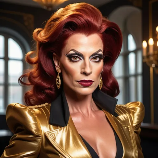 Prompt: "A gorgeous muscular German drag queen in her late thirties with striking dark red hair and light brown eyes that shimmer with a golden hue. She has a sharp, regal face and an air of authority. Known as the 'Golden Dutchess,' she is tall and muscular, exuding confidence and refinement. Dressed in a tailored noble coat with intricate detailing, she stands in a grand hall, her demeanor poised yet guarded, hinting at a troubled past beneath her polished exterior."