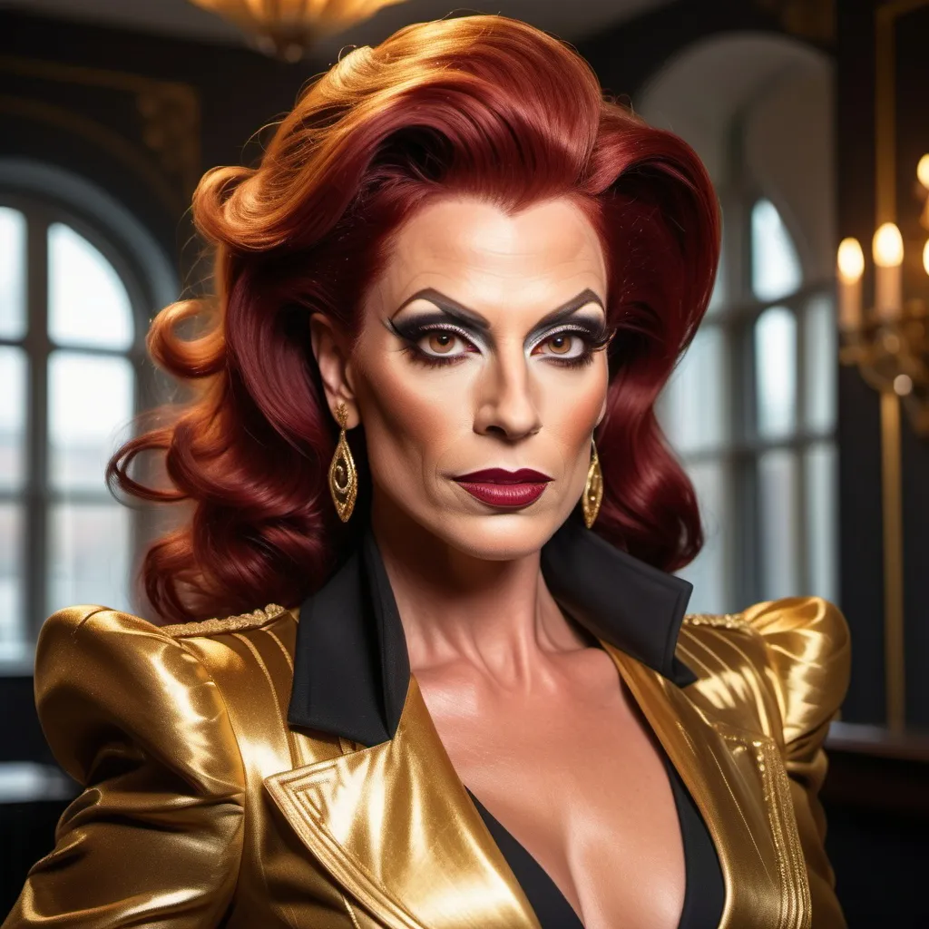 Prompt: "A gorgeous muscular German drag queen in her late thirties with striking dark red hair and light brown eyes that shimmer with a golden hue. She has a sharp, regal face and an air of authority. Known as the 'Golden Dutchess,' she is tall and muscular, exuding confidence and refinement. Dressed in a tailored noble coat with intricate detailing, she stands in a grand hall, her demeanor poised yet guarded, hinting at a troubled past beneath her polished exterior."