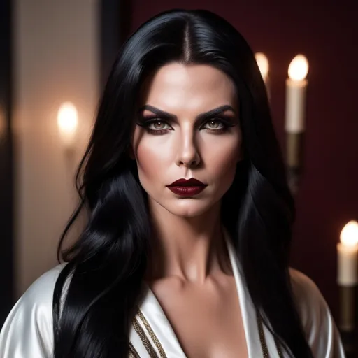 Prompt: Tom Cruise dressed up as Gorgeous ultra-muscular 25-year-old Swedish drag queen with long straight shiny black hair, dark smoky eyeshadow, heavy mascara, dark red lipstick, meditate, wisdom, Brown and white robes, laidback relaxed,