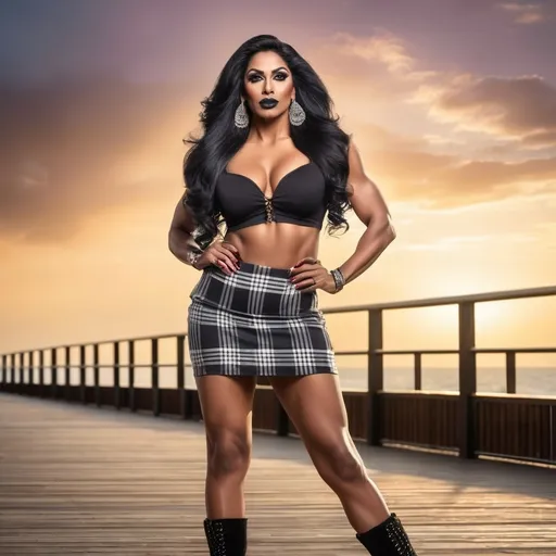 Prompt: full body photo of a gorgeous muscular 35-year-old Indian drag queen bodybuilder. Ridiculously long hair. died tips. Large busom. wearing plaid pleated miniskirt. gothic black lips. very attractive. high detail realistic, professional photo. Studio lighting, backlit, realistic lighting. hdr uhd 8k ultra-realistic render,  very high detail skin, beautiful face, sunset. Boardwalk. 