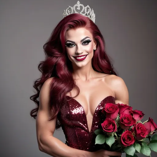 Prompt: Gorgeous muscular 18-year-old caucasian Hungarian drag queen prom queen bodybuilder (extremely strong masculine facial features) smiling beautifully while posing on the (high school) gymnasium stage holding a bouquet of roses. Long wavy very stylish dark red hair, dark eyeshadow, dark lipstick, heavy mascara,  large busom. Beautiful, classy, and flirty sequined gown, 8 inch stiletto high heel shoes.