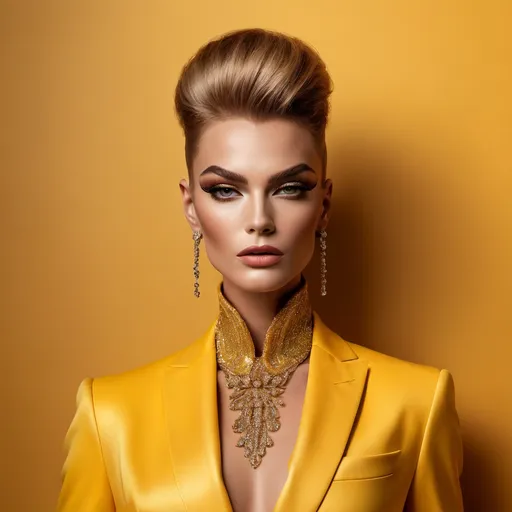 Prompt: A mesmerizing portrait graces the cover of an elite fashion magazine, capturing the essence of high-end sophistication. Set against a sunrise-yellow backdrop, the gorgeous, muscular, Polish, drag queen (masculine jawline and brow facial features), model exudes confidence and allure, adorned in exquisite fashion garments that epitomize elegance and class. This breathtaking image transcends traditional notions of style, embodying an innovative vision of haute couture that pushes the boundaries of modern aesthetics.