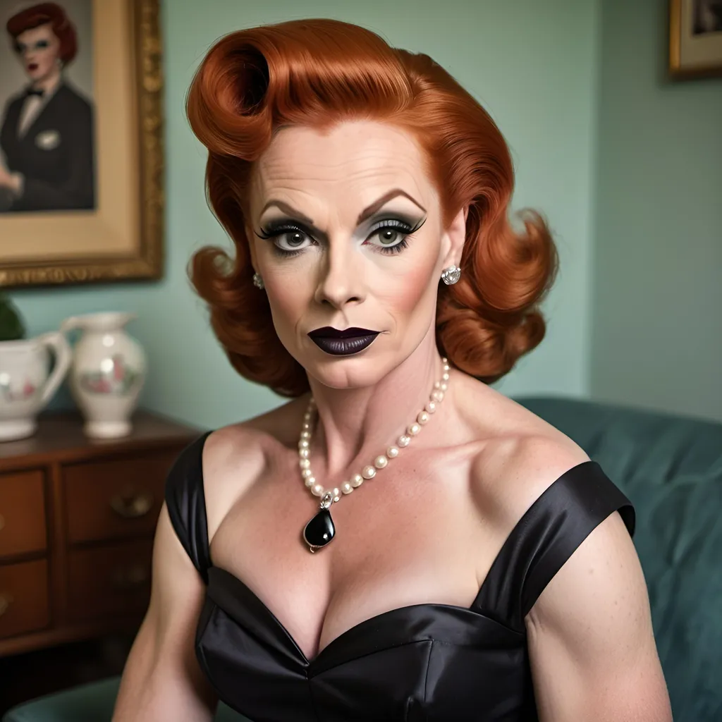 Prompt: A gorgeous muscular red-headed 40-year-old Czechian drag queen (((strong masculine jawline and brow))) housewife (((dark eyeshadow and dark lipstick))) in the 1950s wearing a solid sweetheart swing dress. Posing in the living room.