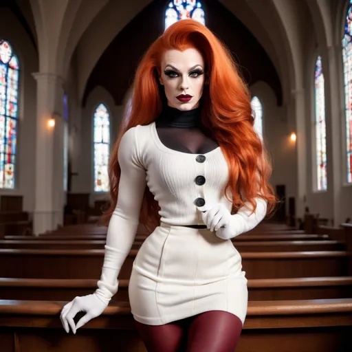 Prompt: a gorgeous ultra-muscular 25-year-old caucasian Swedish drag queen bodybuilder with very long dark orange hair, dark eyeshadow, heavy mascara, dark red lipstick, wearing a knee-length pleated skirt, long sleeve button up sweater, 8 inch stiletto high heel shoes, white tights and gloves in church